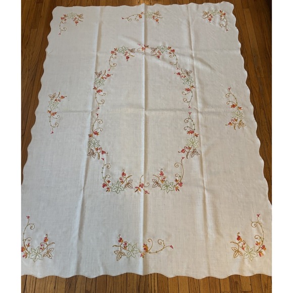 Handmade Other - Vtg. Hand Embroidered Fall Thanksgiving Tablecloth Scallop Edge 56x77 Ivory
